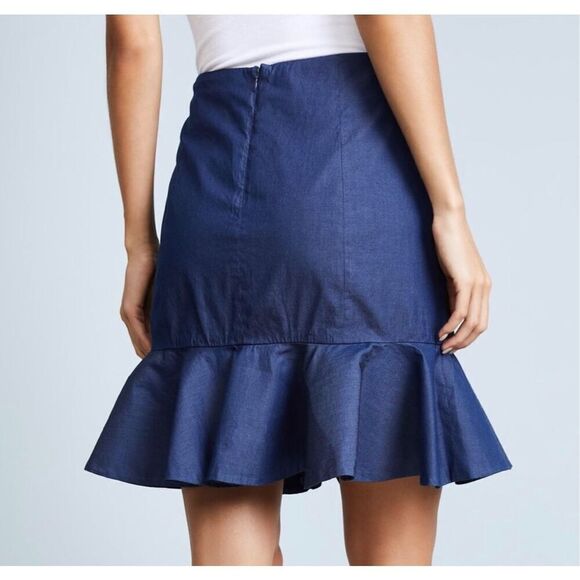 Caroline Costas Ruffled Chambray Denim Mini Skirt  Feminine Flirty Workwear M - Picture 2 of 11